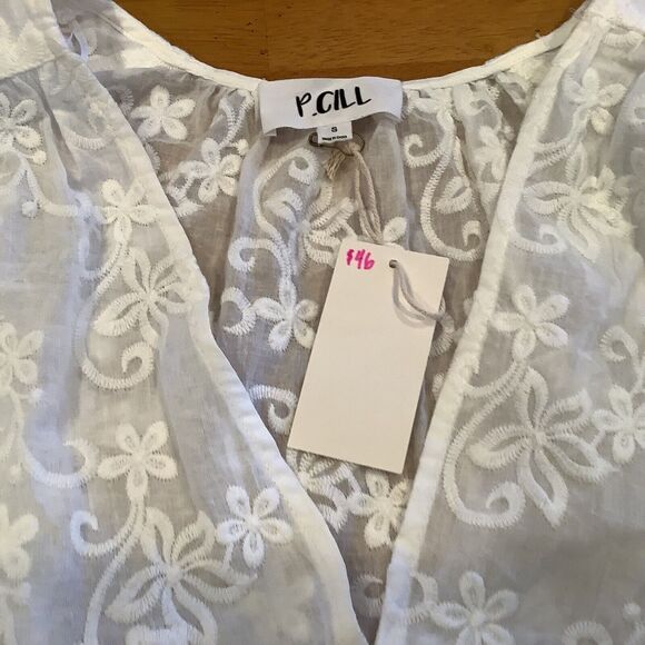P Cill Cropped Blouse Top Size Small White Embroidered Flowers Lace Sheer NEW - Picture 7 of 13